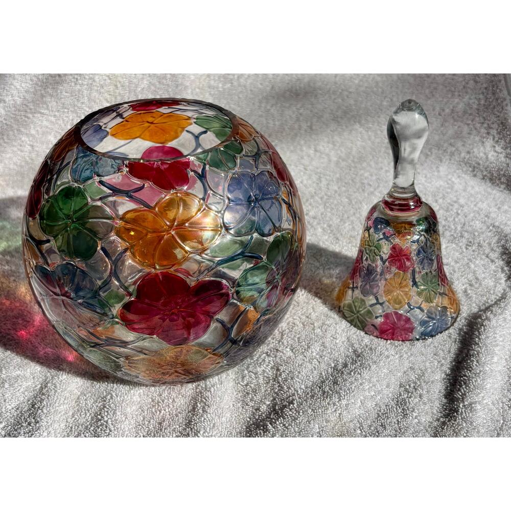 Vintage Bohemian Czech Cut Crystal Vase and Bell Multi Color Floral Handcrafted